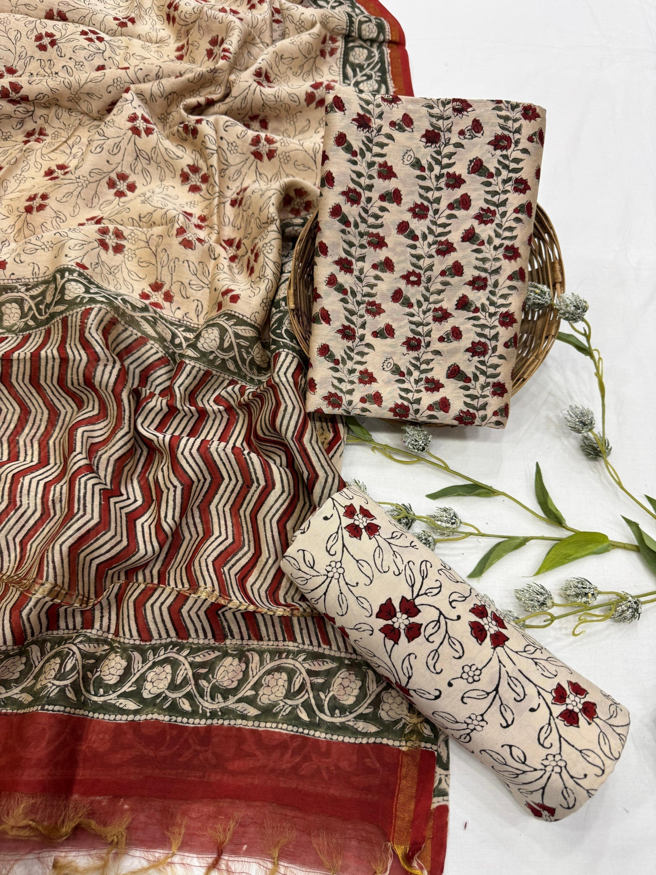 Wholesale Chanderi Silk Handblock Printed Dress Material – Cream and Red Floral Jaal Design, Artisan-Crafted in Rajasthan for Designers, Boutiques, and Bulk Orders